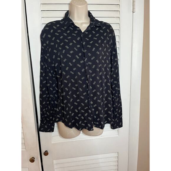 Denim & Flower by Ricky Singh navy ivory print  blouse size medium classic prepp - Picture 1 of 6